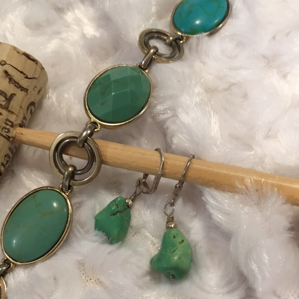 Cut stones link bracelet color aqua greens  bracelet w dangle matching earrings - Picture 3 of 13